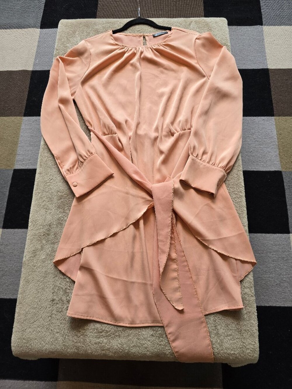 PrettyGarden Draped Faux Wrap Tie-Waist Mini Dress Peach Large